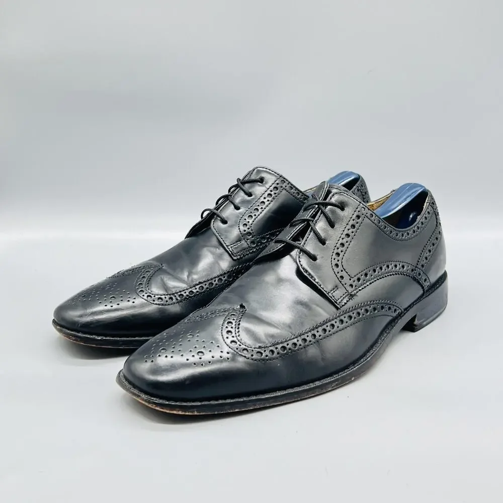 Cole Haan Shoes Men 10 Black Leather Wingtip Oxford Dress Brogue Almond Toe
